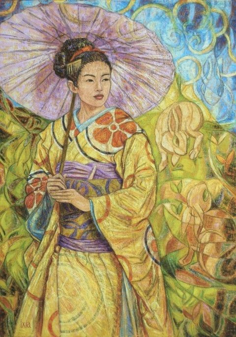 Japonaise à l'ombrelle - Huile sur toile 92x59