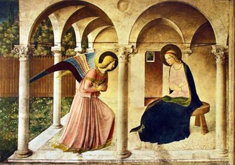 Fra Angelico,  Annonciation, 1450, Corridor nord du couvent San Marco, Florence.  Fresque 230 x 321 cm.